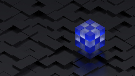 3d科技感蓝色透明立方体黑色方块背景