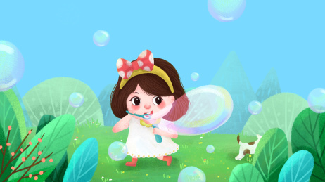 在草坪上吹泡泡的小女孩