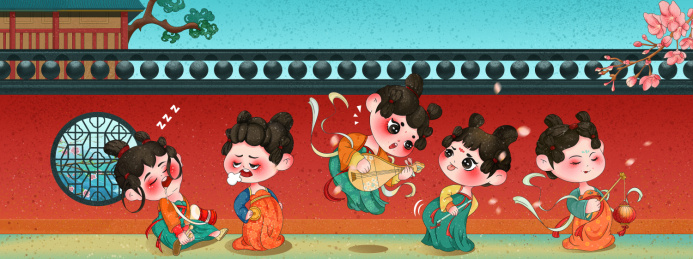 国潮风插画之唐朝仕女歌舞