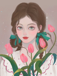 郁金香花朵蝴蝶结麻花辫温柔少女插画
