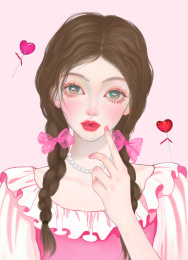 粉色蝴蝶结糖果双马尾麻花辫甜美少女插画