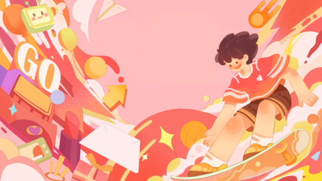滑板少年活力向前——KV电商扁平插画