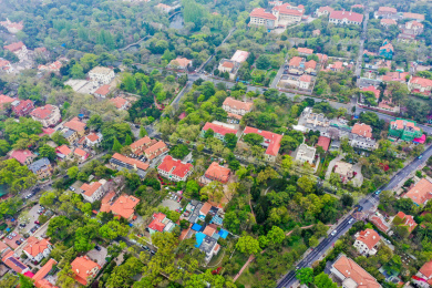 航拍中国山东青岛八大关景区红瓦绿树风光