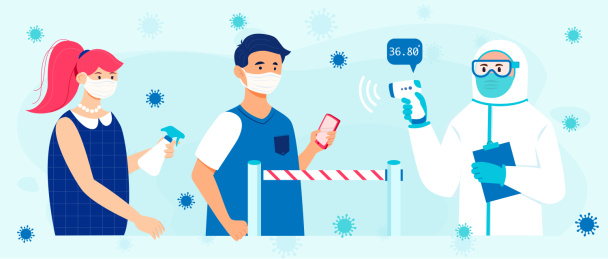 抗击疫情戴口罩测量体温的医护人员和群众