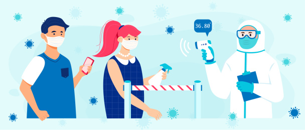 抗击疫情戴口罩测量体温的医护人员和群众