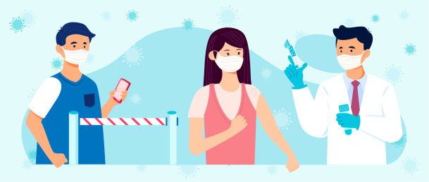 抗击疫情戴口罩打疫苗的医护人员和群众