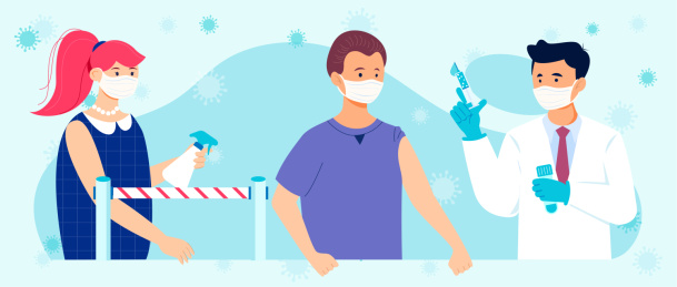 抗击疫情戴口罩打疫苗的医护人员和群众