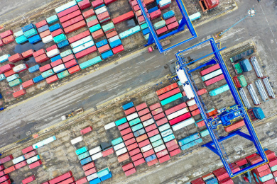 航拍中国海南海口港集装箱码头集装箱堆场