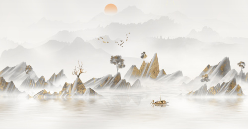 手绘新中式意境金色抽象山水风景画