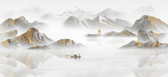 手绘新中式意境金色抽象山水风景画