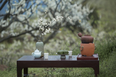 中国风李花树红泥炉子花瓶茶具 