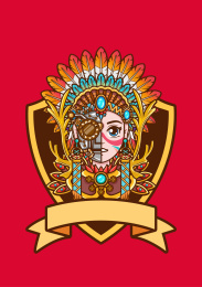 矢量头戴羽冠的机械印第安少女头像徽章