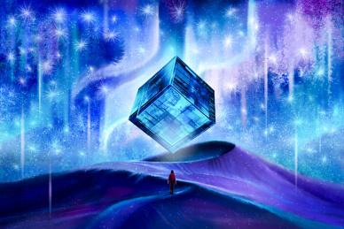 荒漠极光下的未来宇宙魔方与少女插画壁纸