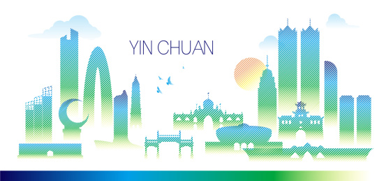 银川城市地标建筑矢量插画