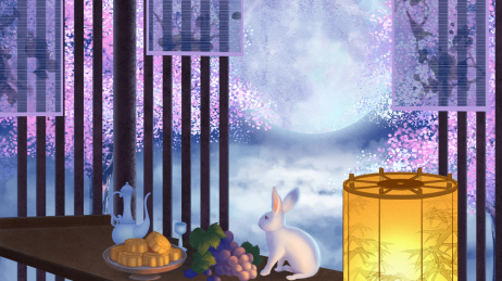 中秋节玉兔糕点葡萄美酒灯笼无人场景