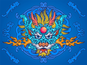 带着傩面具的龙头蓝色背景插画