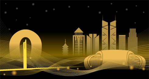 中国浙江省湖州市城市夜景矢量插画金色