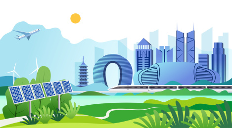  中国浙江湖州市城市旅游景观矢量插画