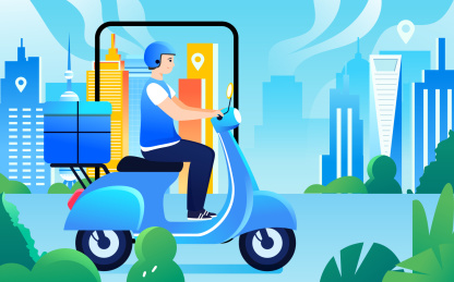 互联网商务购物快递员送货物流运输骑行插画