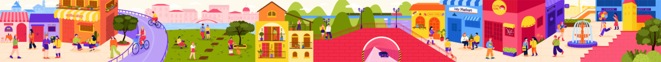 扁平潮流街道城市建筑人物矢量插画