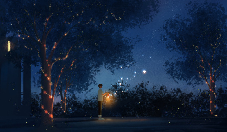 夏季夜晚提灯的人治愈系插画