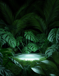 照明展示台与绿色植物背景