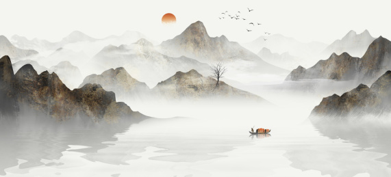 手绘新中式意境金色抽象山水风景画
