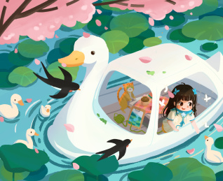 夏天河上划鸭子船的小女孩