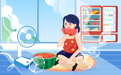 小暑大暑节气女孩居家吹风扇吃西瓜矢量插画