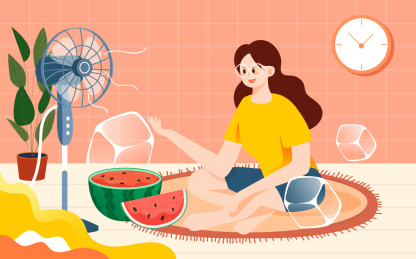 小暑大暑节气女孩居家吹风扇吃西瓜矢量插画