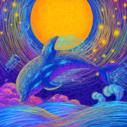 线圈插画月夜下跃起的海豚