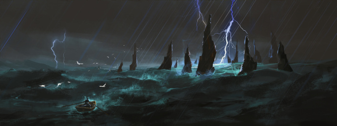 孤舟驶向海洋里奇怪的石头阵前