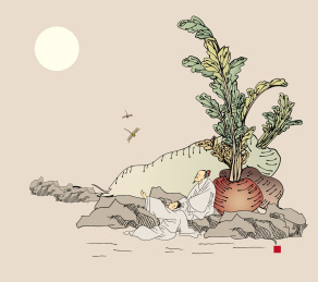 微景园林假山萝卜地里下棋文艺工笔矢量插画