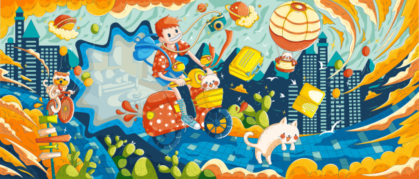 男孩带着爱宠们从家中骑着摩托去旅行