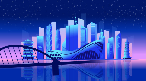 中国安徽省合肥市商务科技城市彩色插画