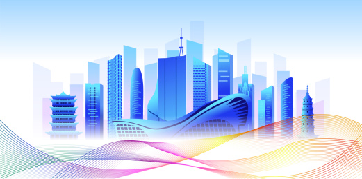 中国安徽省合肥市商务科技城市彩色插画