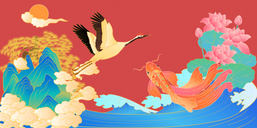 中秋节贺礼包装鹤和鲤设计矢量横版线性插画