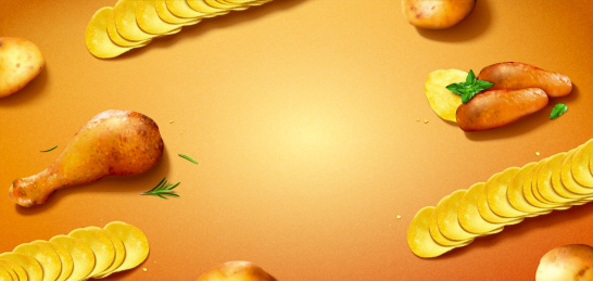 整齐排列的薯片及香料烤鸡背景