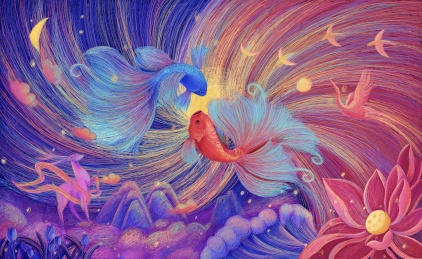 两条鲤鱼在天空飞舞