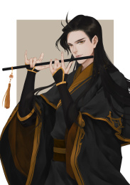 吹笛子的长发黑衣古装男子