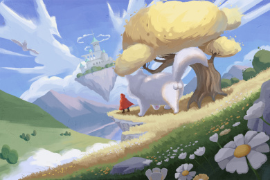 红色斗篷小孩和大猫眺望远方飞行的城堡