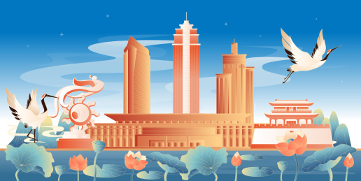 荆州地标建筑国潮插画