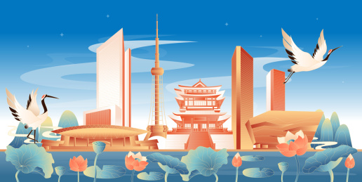 泰州地标建筑国潮插画