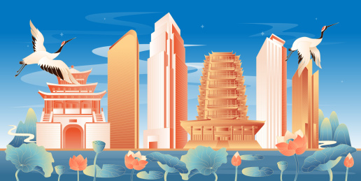 淄博地标建筑国潮插画