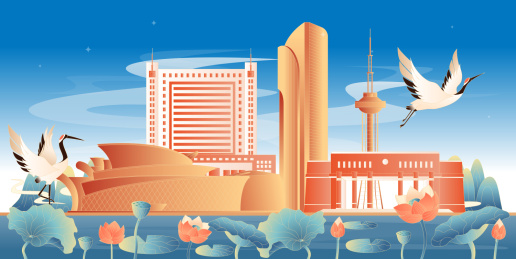 东营地标建筑国潮插画