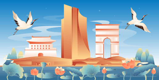 廊坊地标建筑国潮插画