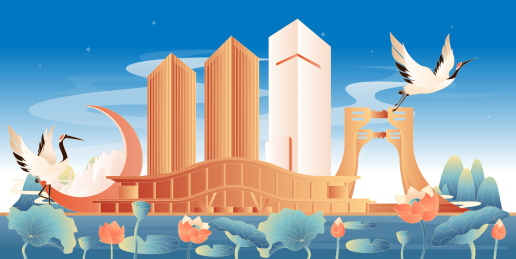 上饶地标建筑国潮插画