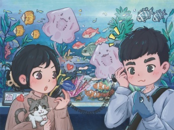 Q版情侣在水族馆约会