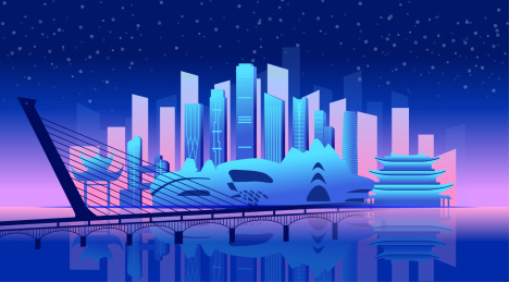 中国湖南省长沙市商务科技城市彩色插画