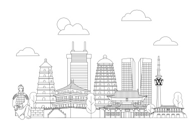 西安城市建筑黑白线条矢量插画